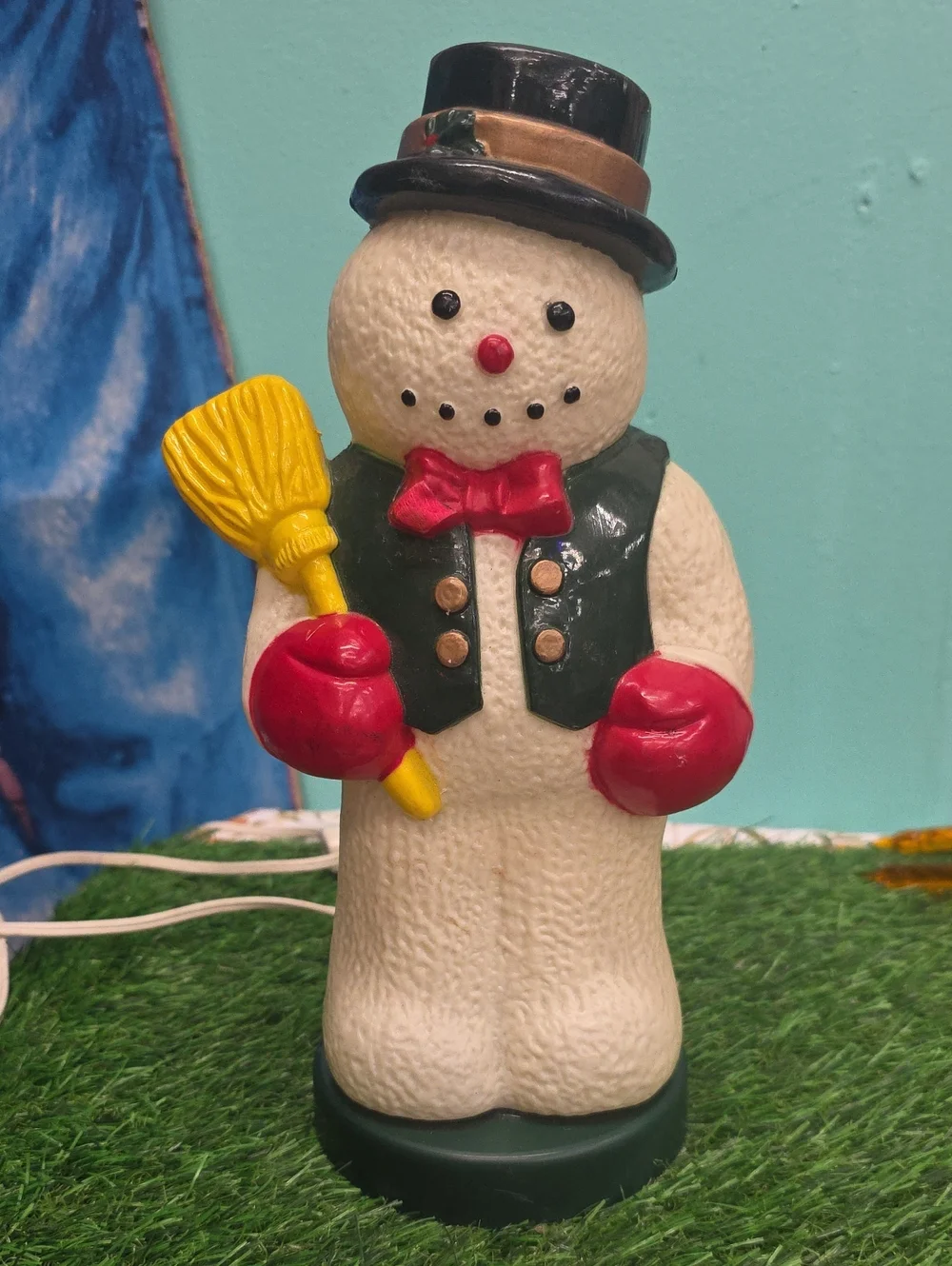 Vintage Snowman Light Up Blow Mold with Red Mittens and Yellow Broom